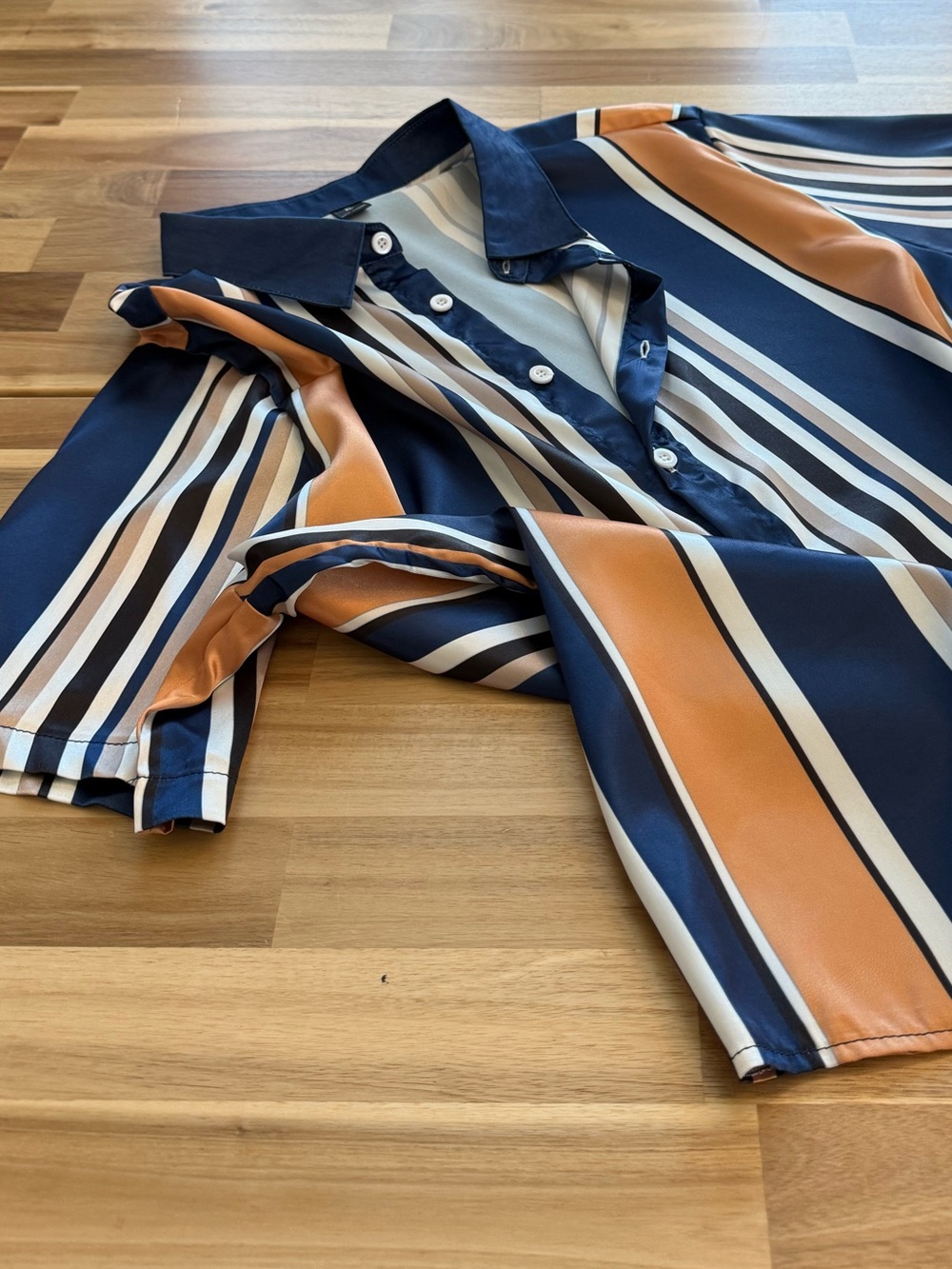 Satin Vertical Stripe Navy Gold Button-Up Shirt - Men’s Size XL